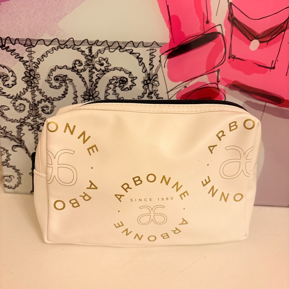 Arbonne Cream Cosmetic Zip Pouch with Gold Logo